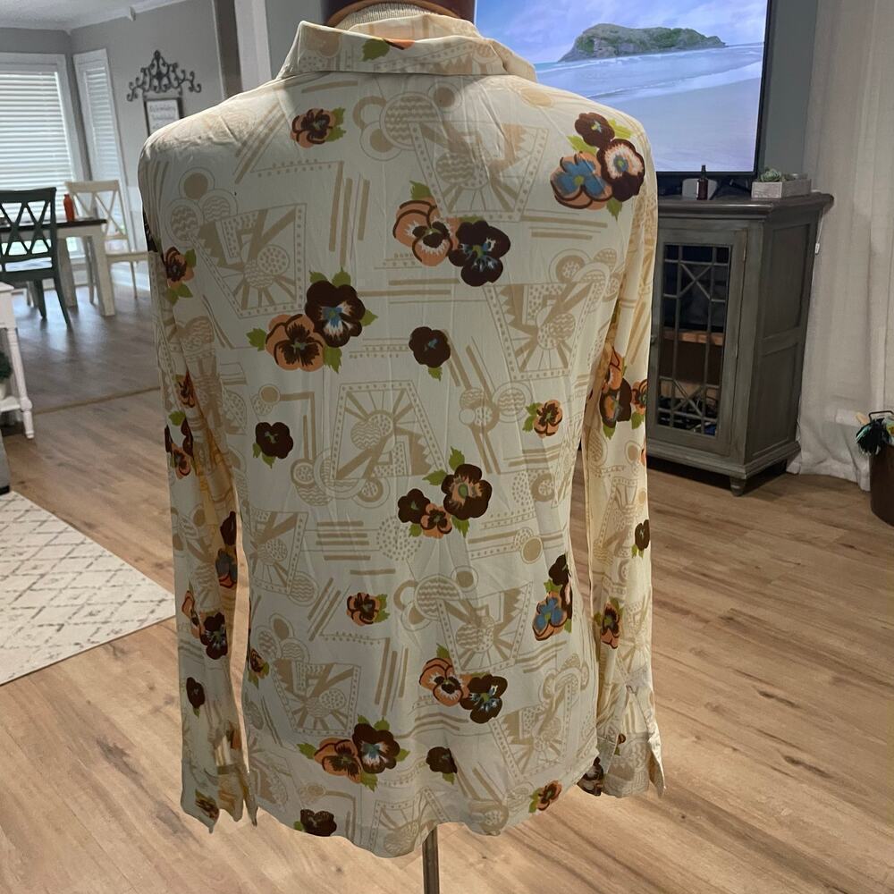 Vintage 70s Polyester Button Down Womens Top Small Floral Geo Print - Picture 2 of 5